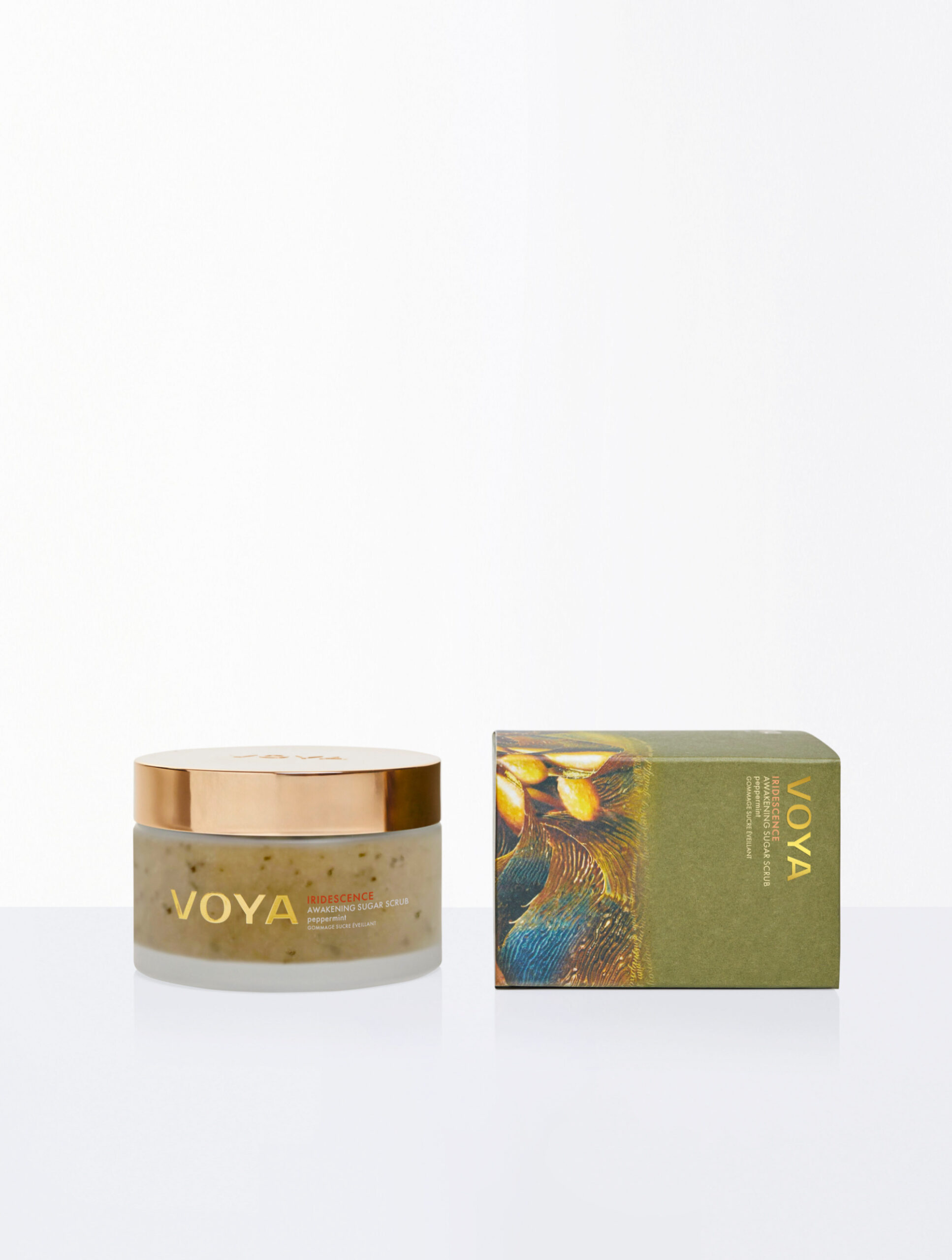 jar of VOYA Iridescence sugar scrub for body